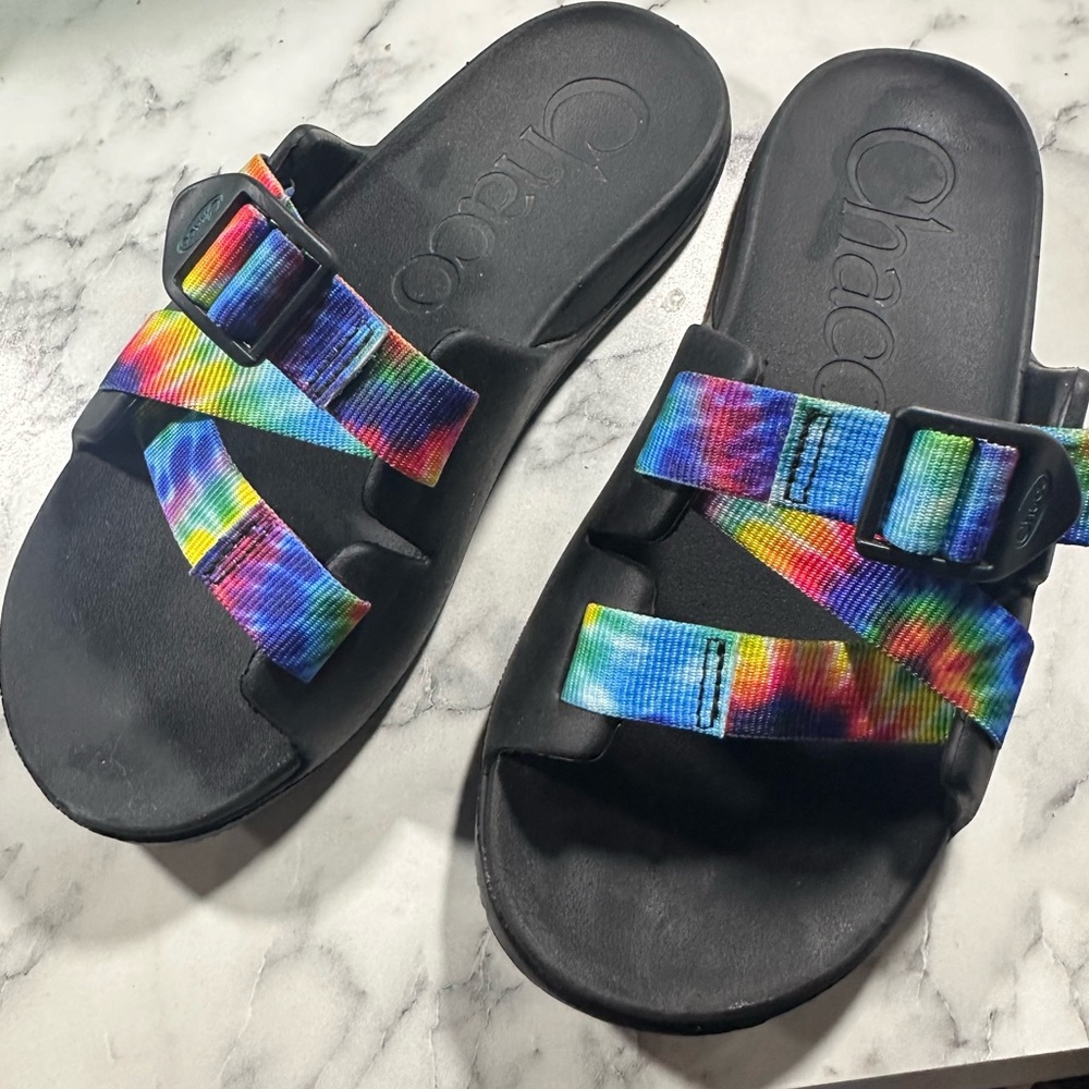 Chaco Rainbow Tie-Dye Strap Slide Sandals - Black Footbed